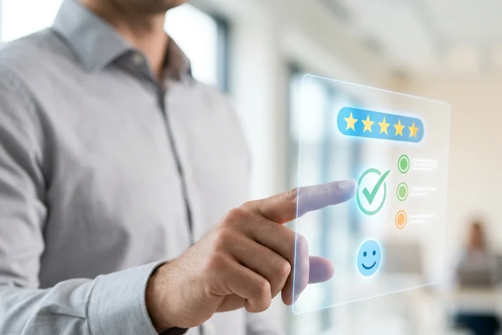 Persona interactuando con una pantalla digital que muestra una calificación de cinco estrellas y símbolos de satisfacción, ilustrando la excelencia en la atención al cliente.