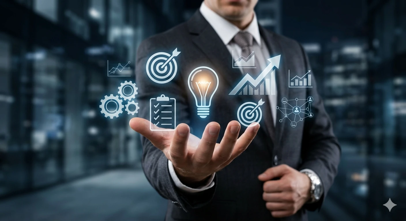 Profesional con iconos digitales de liderazgo, objetivos y comunicación efectiva sobre su mano, representando el desarrollo de habilidades blandas en el entorno corporativo.