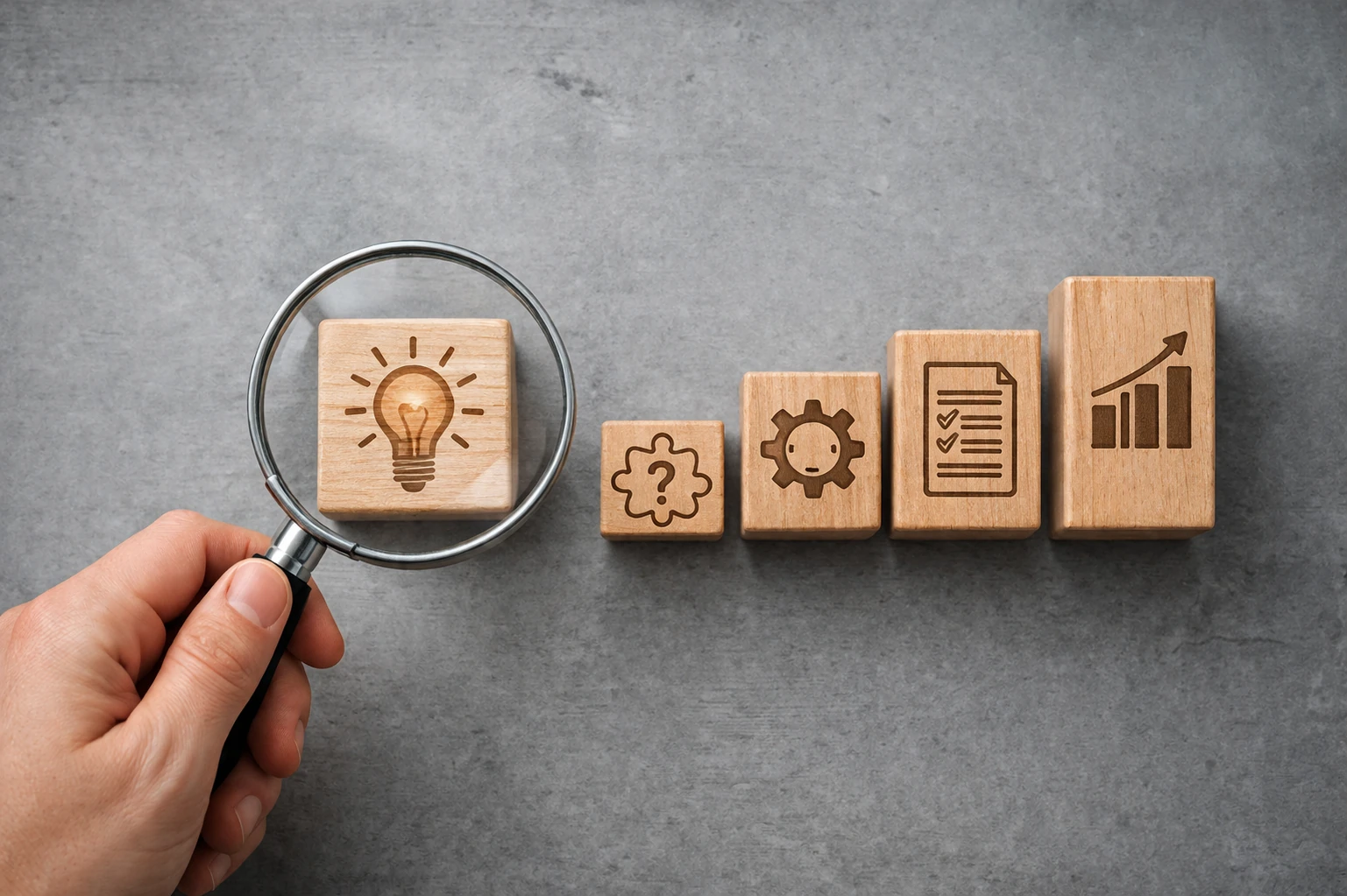 Primer plano de una lupa sobre cubos de madera con iconos de ideas, engranajes y gráficos de crecimiento, simbolizando la consultoría estratégica para nuevos negocios.